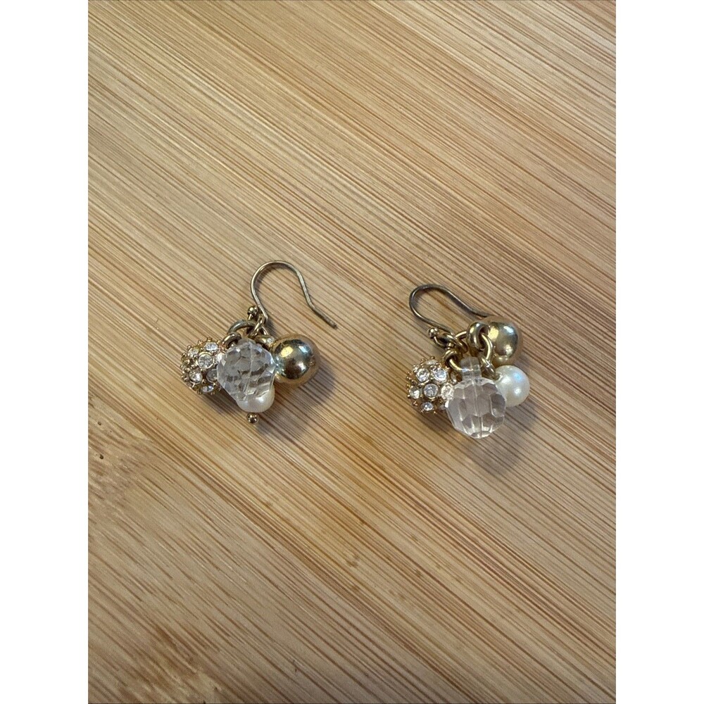VINTAGE CRYSTAL CLEAR PEARL GOLD BEAD DROP EARRINGS UNBRANDED